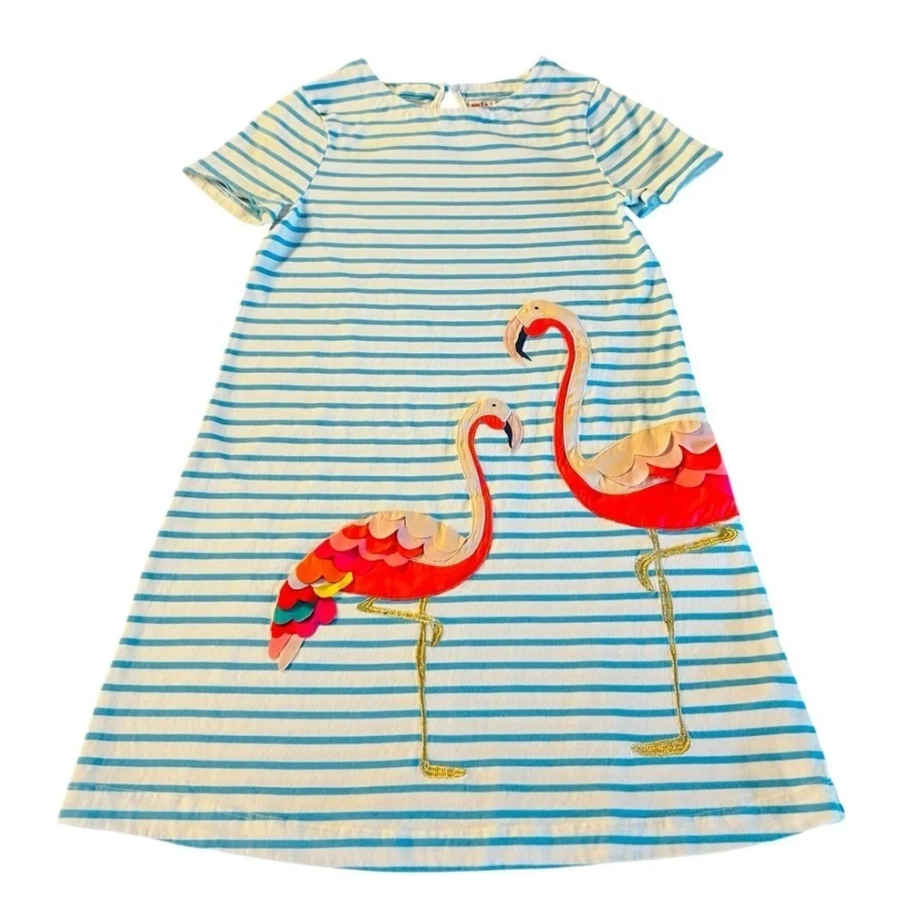 Mini Boden Blue and White Striped Flamingo Dress Size 11-12Y